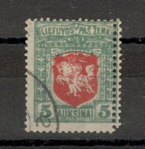 LITHUANIA - USED STAMP, 5 AUK - ERROR - DOUBLE PERFORATION - COAT OF ARMS - 1919