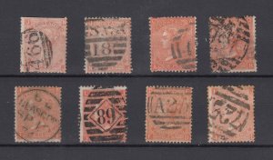 GB QV 1865 4d Vermillion Large Garter Collection (8) SG93/95 Plates 7/14 BP11046