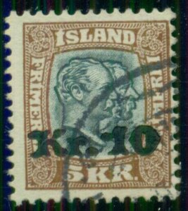 ICELAND #143 (107) 10kr on 5kr used with proper cancel, scarce, Scott $575.00