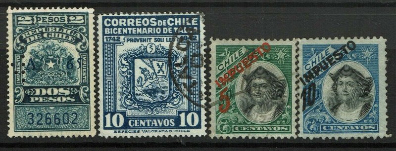 Chile 4 Used Revenue Stamps, left most punch cancel, right two lg pg rems