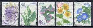 Japan 3433-37 Used,  (80 yen) Flowers Set from 2012