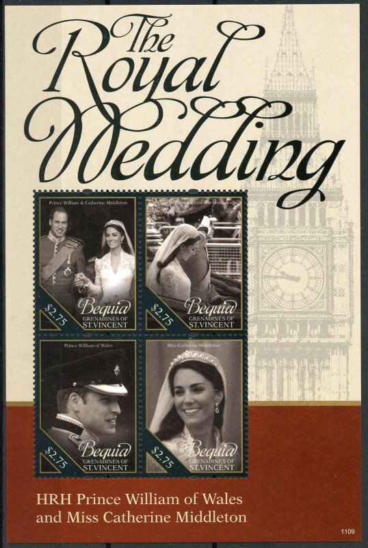 Bequia Gren St Vincent Stamps 2011 MNH Royal Wedding William & Kate 4v M/S II 