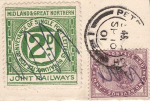 GB RAILWAY M&GNJR Letter Stamp 2d *PETERBOROUGH* 1901 CDS 1d Lilac Piece BRW22