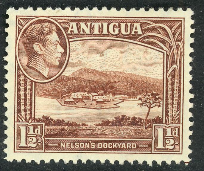 ANTIGUA 1938-51 KGVI 1 1/2d Chocolate Brn NELSON'S DOCKYARD Pictorial Sc 86a MLH