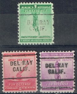 1940 Defense set of 3 w/precancel ERROR f/DEL REY CA(899/901-703) Reads: RAY!