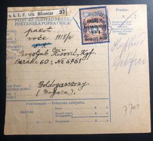 1917 Kuk Feldpost Milanovac Austria Parcel Receipt Cover To Frauenkirchen