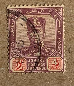 Malaya Johore 1921 4c violet Sultan Ibrahim, used. Scott 106, CV $0.25. SG 108