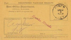 United States Nevada Birch 1908 cds  1901-1926  Registry Receipt Card.
