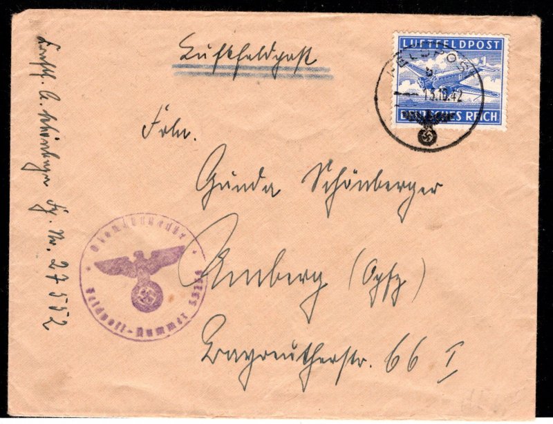 Germany Reich Scott # MC1, used, on military airmail cover 1942