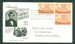 USA. FDC 1954 Cachet. Kansas Territory 100 Year. Sc# 1061 x 3. Adr: Australia