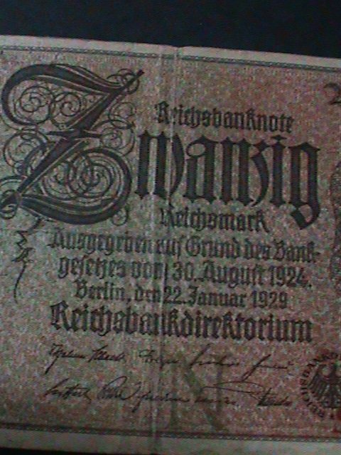 GERMANY-GERMAN GOLD DISCOUNT BANK NOTE-20 MARKS-CIRCULATED-VF-95 YEARS OLD