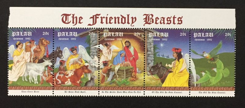 Palau 1992 #312 Strip of 5, Christmas, MNH.