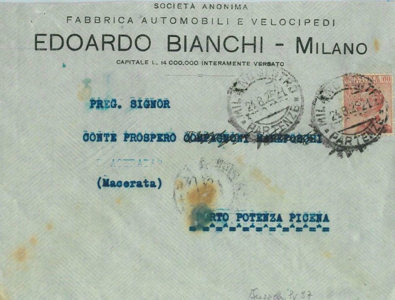 93178 - ITALY - POSTAL HISTORY - PERFIN stamp on COVER: Bianchi BICYCLES 1929