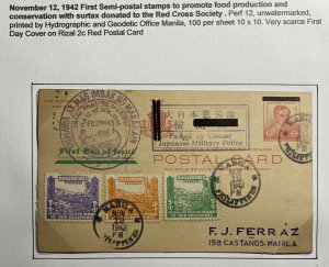 1942 Manila Philippines Japan Occupation Postcard Cover First Semi-postal Stamps