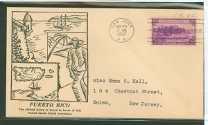 US 801 1937 3c Puerto Rico (part of the US Possession series) single on an addressed first day cover with an unknown cachet make