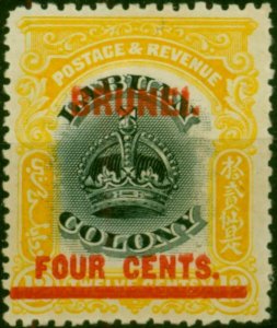 Brunei 1906 4c on 12c Black & Yellow SG15Var 'Kiss Print' Fine LMM