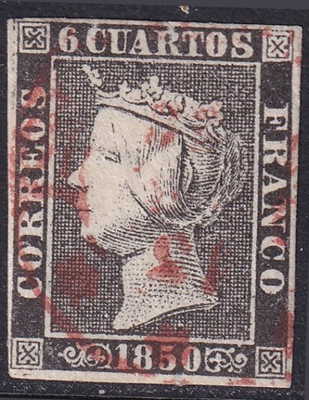 Spain 1850 Sc 1b used date (baeza) cancel type I position 2 with plate flaw