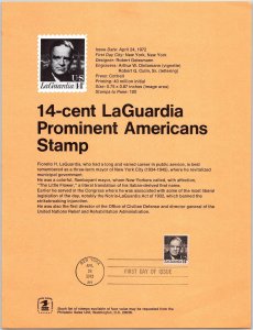 USPS SOUVENIR PAGE 14-CENT LAGUARDIA PROMINENT AMERICANS STAMP 1972