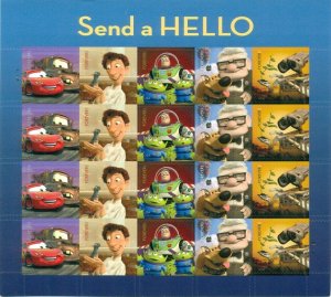 US: 2011 SEND A HELLO - PIXAR; Complete Sheet of 20 Sc 4553-57; Forever Values