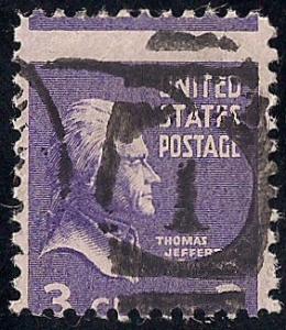 807 3 cent Thomas Jefferson Stamp used ERROR PERF.