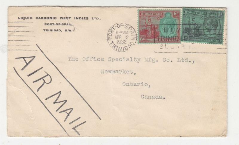 TRINIDAD & TOBAGO, 1932 Airmail cover, KGV 6d. & 1s., Port of Spain to Canada.