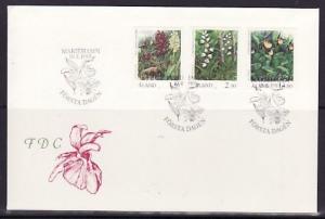 Aland, Scott cat. 35, 47, 54. Flowers & Orchid values. First day cover.^