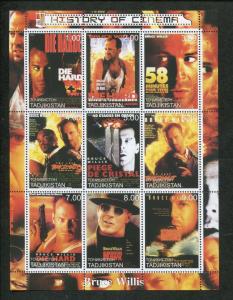 Tajikistan Commemorative Souvenir Stamp Sheet - History of Cinema - Bruce Willis