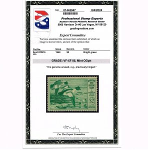 EXCELLENT GENUINE SCOTT #RW16 MINT OG VLH DUCK STAMP PSE CERT GRADED VF-XF 85