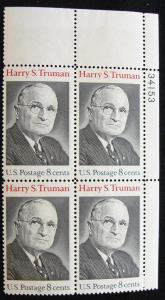 US #1499 MNH Plate Block of 4, H. S. Truman SCV $.75 L10