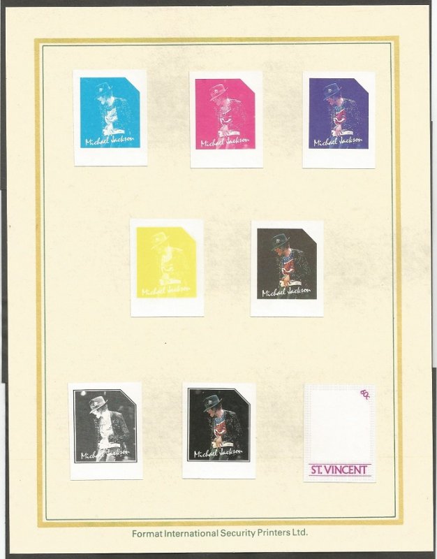 MICHAEL JACKSON STAMPS.COLOR PROOFS.1985 ST VINCENT STAMPS.FORMAT INT.SECURITY P