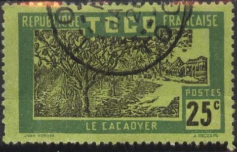 Togo 223 (used) 25c cacao trees, green & black on yellow paper (1924)