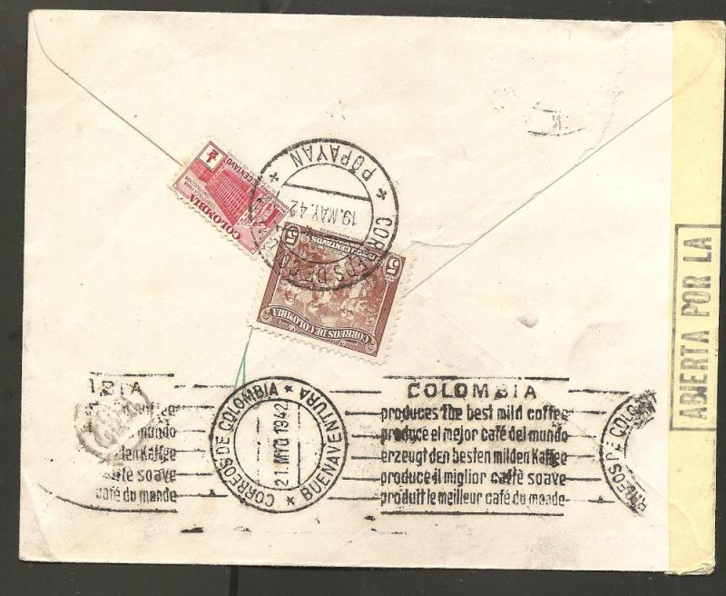 O) 1942 COLOMBIA, COFFEE, COVER TO ARGENTINA, XF