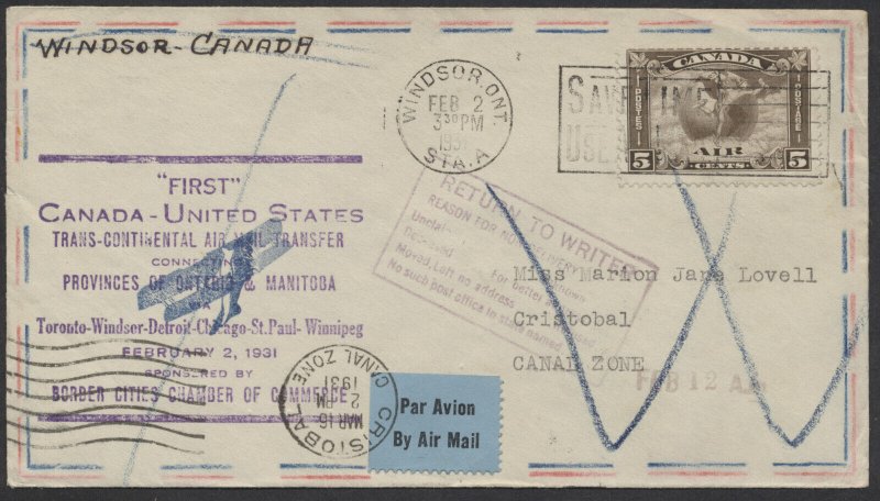 1931 Flight Cover Windsor ONT to Canal Zone Returned #C2 AAMC #3105o