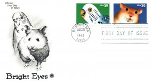 US FIRST DAY COVERS BRIGHT EYES ANIMALS - SET OF 5 STAMPS ON 3 ASSORTED CACHETS