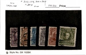 United States Postage Stamp, #302-304, 306-307, 309 Used, 1903 (AB)