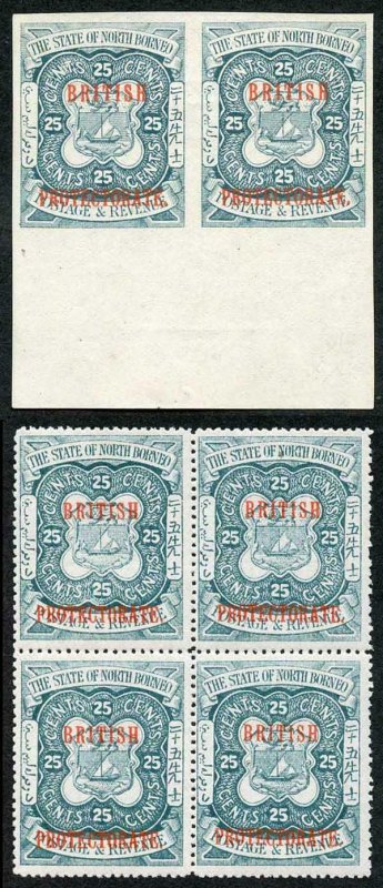 North Borneo SG139 IMPERF PLATE PROOF PAIR (no gum) with block of issued stamp