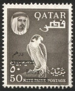 QATAR 1966  Sc 108E 50d / 50np Overprint Used VF. Falcon  Bird SG 146, cv £33