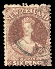 New Zealand #36 Cat$27.50, 1864 6p redb brown, used