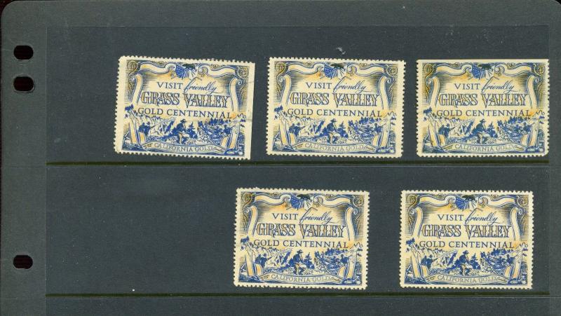 5 VINTAGE GRASS VALLEY GOLD CENTENNIAL FAIR POSTER STAMPS (L957) CALIFORNIA GOLD