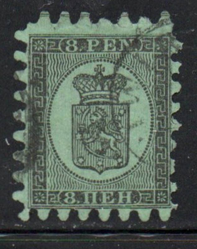 Finland Sc7 1867 8p black on green Coat of Arms stamp rouletted used