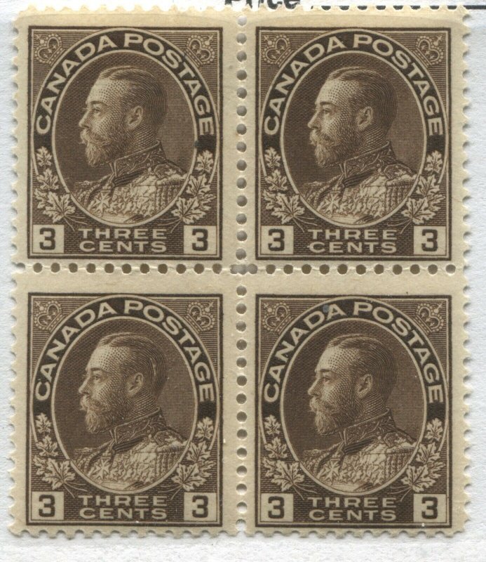 Canada KGV 1918 3 cents brown Admiral unmounted mint NH block of 4