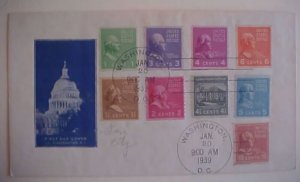 US PREXY COILS FDC SET OF 9 JA 20, 1939