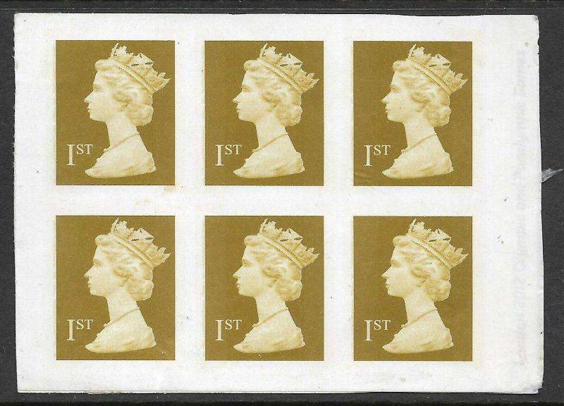 2002 Sg 2295a 1st Gold - Self Adhesive Decimal imperf pane of 6 UNMOUNTED MINT 