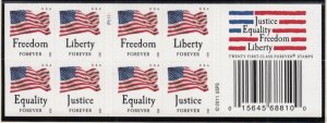 2012 Freedom U. S. Flag Sc 4644c booklet pane of 20 Forever plate number P1111