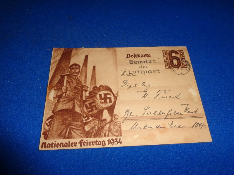 WWII ERA GERMANY PROPAGANDA POSTAL CARD, 1934 NATIONALEE FEIERTAG