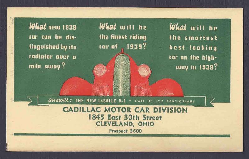 1938 CADILLAC MOTOR CAR DIVISION, NEW CARS, GREEN & RED, CLEVELAND OH