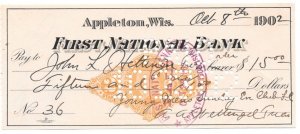 US 1902 FIRST NATIONAL BANK 2c STAMP REVENUE CHECK