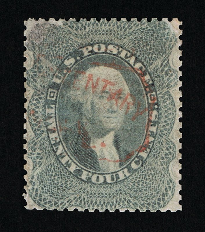 GENUINE SCOTT #37 VF-XF USED 1860 GRAY 24¢ SUPPLEMENTARY MAIL TYPE-A RED CANCEL