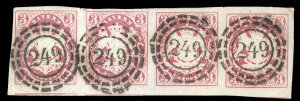 German States, Bavaria #15 (Mi. 15), 1867 3kr rose, horizontal strip of four,...