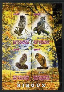 CONGO B. - 2013 - Birds, Owls - Perf 4v Sheet - Mint Never Hinged